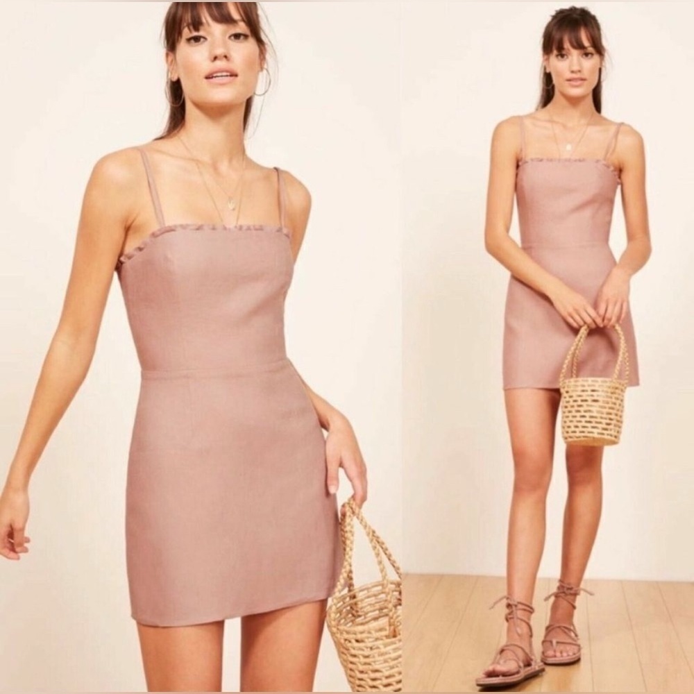 Reformation Ava Linen Mini Dusty Rose Pink Dress Tank Ruffle Size 6